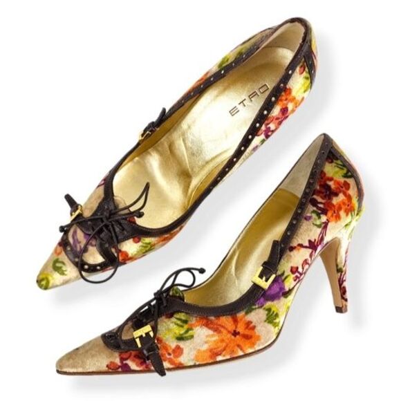 Etro Floral Velvet Pumps High Heels Shoes Buckles Lace-up Size 40 EU / 9.5 US - Picture 1 of 14